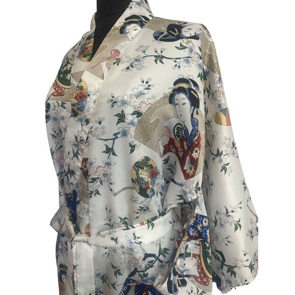 Jade Brand, White Floral Print/Geisha Design Long Polyester Kimono - Picture 2 of 11
